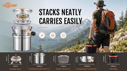 Camping Cookware Set with Stove, Stainless Steel Outdoor Cooking Kit with Pot, Strainer Pot, Frying Pan, Adapter and Storage Bag, Portable Camping Pots and Pans Set for Camping, Hiking, Backpacking in Saudi Arabia