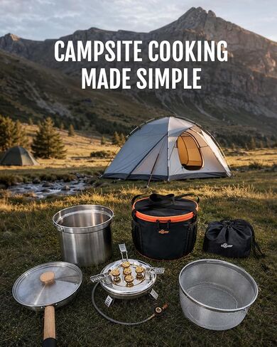 Camping Cookware Set with Stove, Stainless Steel Outdoor Cooking Kit with Pot, Strainer Pot, Frying Pan, Adapter and Storage Bag, Portable Camping Pots and Pans Set for Camping, Hiking, Backpacking in Saudi Arabia
