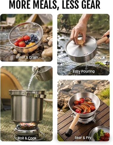 Camping Cookware Set with Stove, Stainless Steel Outdoor Cooking Kit with Pot, Strainer Pot, Frying Pan, Adapter and Storage Bag, Portable Camping Pots and Pans Set for Camping, Hiking, Backpacking in Saudi Arabia