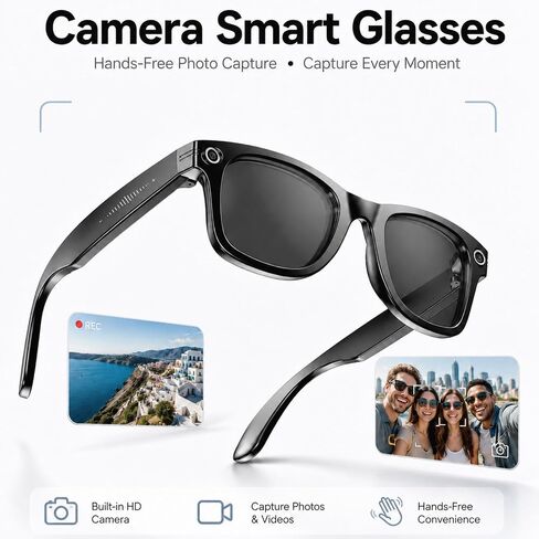 AI Smart Glasses with Camera,Photo Capture &4k Video Recording Glasses,Real-Time Translation, Open-Ear Audio, Object Recognition,Camera Sunglasses with AI Assistant for Vlogging, Travel, Running in Saudi Arabia