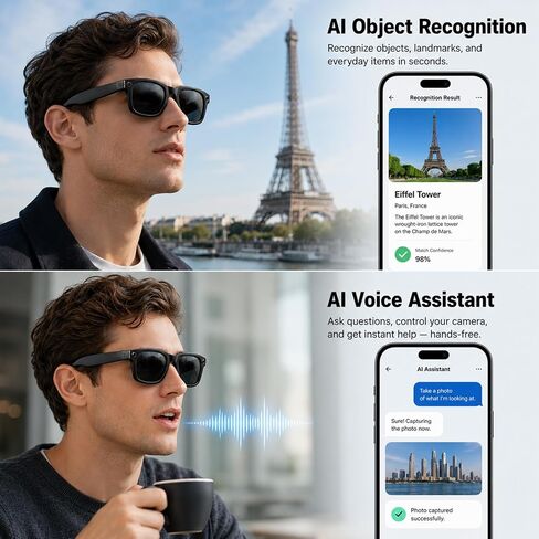 AI Smart Glasses with Camera,Photo Capture &4k Video Recording Glasses,Real-Time Translation, Open-Ear Audio, Object Recognition,Camera Sunglasses with AI Assistant for Vlogging, Travel, Running in Saudi Arabia