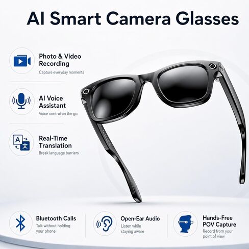 AI Smart Glasses with Camera,Photo Capture &4k Video Recording Glasses,Real-Time Translation, Open-Ear Audio, Object Recognition,Camera Sunglasses with AI Assistant for Vlogging, Travel, Running in Saudi Arabia