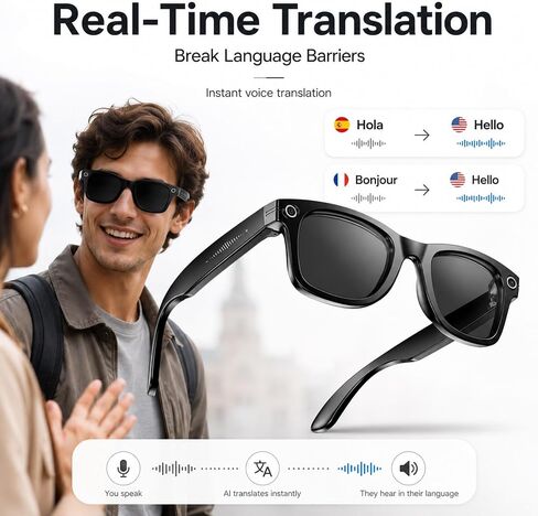 AI Smart Glasses with Camera,Photo Capture &4k Video Recording Glasses,Real-Time Translation, Open-Ear Audio, Object Recognition,Camera Sunglasses with AI Assistant for Vlogging, Travel, Running in Saudi Arabia