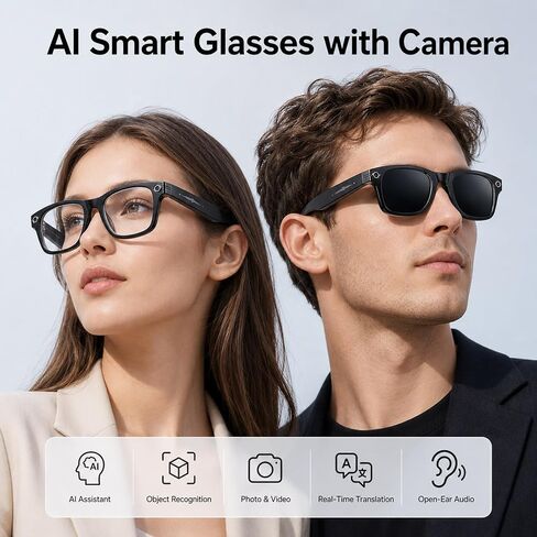 AI Smart Glasses with Camera,Photo Capture &4k Video Recording Glasses,Real-Time Translation, Open-Ear Audio, Object Recognition,Camera Sunglasses with AI Assistant for Vlogging, Travel, Running in Saudi Arabia