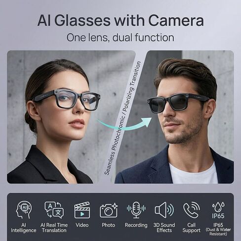 نظارات الذكاء الاصطناعي الذكية مع الكاميرا، 1080 بكسل HD POV تسجيل فيديو ومترجم من منظور الشخص الأول، التعرف على الأشياء بتقنية الذكاء الاصطناعي، صوت بلوتوث، بطارية 290 مللي أمبير في الساعة، عدسات فوتوكروميك للرياضة والسفر والعمل in Kuwait