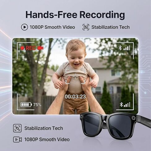 نظارات الذكاء الاصطناعي الذكية مع الكاميرا، 1080 بكسل HD POV تسجيل فيديو ومترجم من منظور الشخص الأول، التعرف على الأشياء بتقنية الذكاء الاصطناعي، صوت بلوتوث، بطارية 290 مللي أمبير في الساعة، عدسات فوتوكروميك للرياضة والسفر والعمل in Kuwait