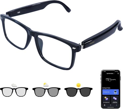 AI Smart Glasses, Anti Blue Light Bluetooth Translation Glasses with 164 Hands-Free Calls & Audio Multifunctional Smart Sunglasses for Men Women Travel Trade Business (KL01-Black-Color-Change-Lens) in Saudi Arabia