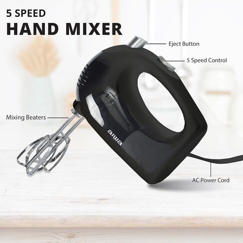 AIWA 5-Speed Hand Mixer with Eject Button, Electric Handheld Mixer for Cream, Batter, Eggs & Baking, Stainless Steel Beaters, Dishwasher-Safe, Lightweight Compact Design, Black in Saudi Arabia