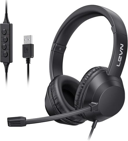 LEVN Headset with Mic, USB Headset with Microphone for PC, Headphones with Mic for Pc with Noise Canceling Microphone for Laptop, USB Headphones for Work from Home/Call Center/Open Office, Black in Saudi Arabia