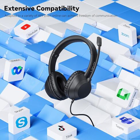 LEVN Headset with Mic, USB Headset with Microphone for PC, Headphones with Mic for Pc with Noise Canceling Microphone for Laptop, USB Headphones for Work from Home/Call Center/Open Office, Black in Saudi Arabia