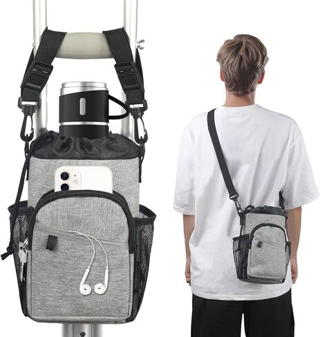 Crutch Accessories Bag Pouch with Shoulder Strap, Waterproof & Lightweight | Cup Drink Holder for Crutches with Dual-Purpose Zipper, Crutches Caddy Storage Carrying Tote for Adult Men Women in Saudi Arabia