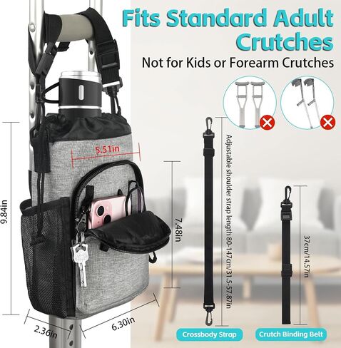 Crutch Accessories Bag Pouch with Shoulder Strap, Waterproof & Lightweight | Cup Drink Holder for Crutches with Dual-Purpose Zipper, Crutches Caddy Storage Carrying Tote for Adult Men Women in Saudi Arabia