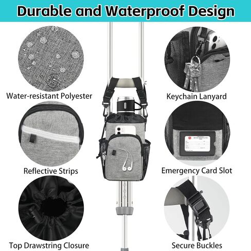 Crutch Accessories Bag Pouch with Shoulder Strap, Waterproof & Lightweight | Cup Drink Holder for Crutches with Dual-Purpose Zipper, Crutches Caddy Storage Carrying Tote for Adult Men Women in Saudi Arabia