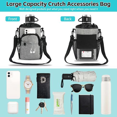 Crutch Accessories Bag Pouch with Shoulder Strap, Waterproof & Lightweight | Cup Drink Holder for Crutches with Dual-Purpose Zipper, Crutches Caddy Storage Carrying Tote for Adult Men Women in Saudi Arabia