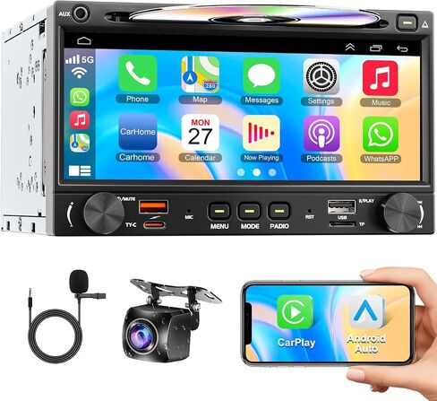 Wireless Double Din Car Stereo Radio with CD/DVD Player, Carplay & Android Auto, 7 inch Car Audio with HD Touchscreen, Bluetooth, Mirror Link, Backup Camera, SWC, FM/AM, USB/SD, A/V Input. in Saudi Arabia