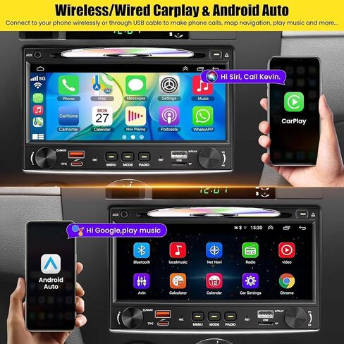 Wireless Double Din Car Stereo Radio with CD/DVD Player, Carplay & Android Auto, 7 inch Car Audio with HD Touchscreen, Bluetooth, Mirror Link, Backup Camera, SWC, FM/AM, USB/SD, A/V Input. in Saudi Arabia