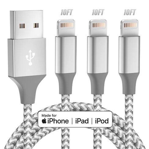 iPhone Charger 3 Pack 10FT MFi Lightning Cable (Grey White) | MFi Certified Fast Charging & High-Speed Data Sync, Compatible iPhone 14/13/12/11 Pro Max/XS MAX/XR/XS/X/8/7/Plus/6S in Saudi Arabia