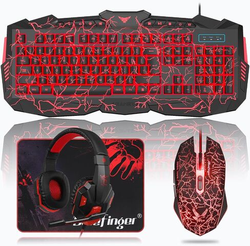 BlueFinger Gaming Keyboard Mouse Headset Combo, USB Wired Crack Backlit,114 Keys Letters Glow LED Keyboard, Red LED Light Headset for Laptop PC Computer Work and Game in Saudi Arabia