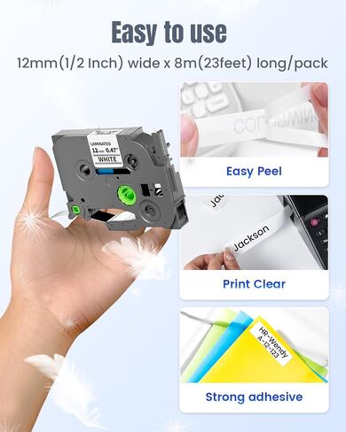 TZe 12mm 0.47 Laminated White Tape Compatible with Brother P Touch Label in Kuwait