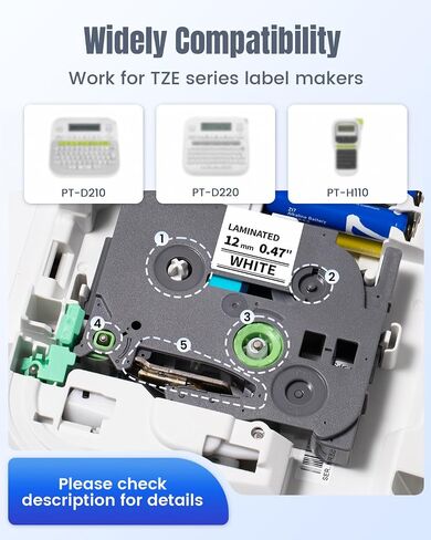 TZe 12mm 0.47 Laminated White Tape Compatible with Brother P Touch Label in Kuwait