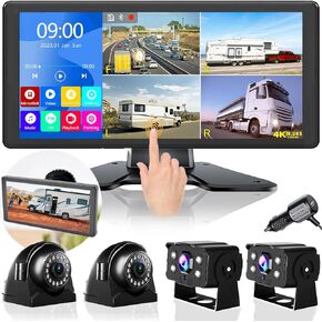 4K RV Backup Camera System 10.36" Quad Split Touch Screen Monitor with 4 1080P Rear Side View Camera, DVR Recording Bluetooth MP3 MP5 IP69 Waterproof Night Vision for RV Truck Trailer Tractor in Kuwait