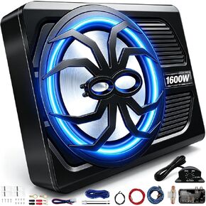 2026 Upgraded 1600W 10" Slim Under Seat Subwoofer with Built-in Amplifier | Powered Car Low Profile Bass Sub - Individual Controls (LPF/Gain/Bass Boost) LED Ambient Lights in Kuwait