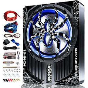 Upgraded 10 Inch 1600W Under Seat Subwoofer with Amp, Powered Slim Sub, Blue LED Ambient Light, (LPF/Gain/Bass Boost) Independent Bass Knob, Car Audio Subwoofer Package for Truck SUV Jeep MPV in Saudi Arabia