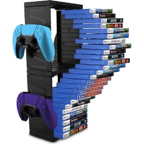 SIKEMAY Game Storage Tower for PS5/PS4/Xbox Series S & X - Universal Video Game Disc Organizer with 24 PCS Holders, 4 Controller Slots & Stand Rack Accessories - Black in Saudi Arabia