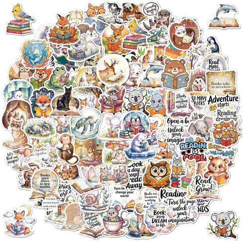 100 PCS Unique Cozy Iridescent Bookish Reading Vinyl Stickers Pack | Lovely Waterproof Pre-Cut Animals Decals with Star Foil Effect for Journals, Laptops, Water Bottles, E-Readers & Scrapbooking in Saudi Arabia