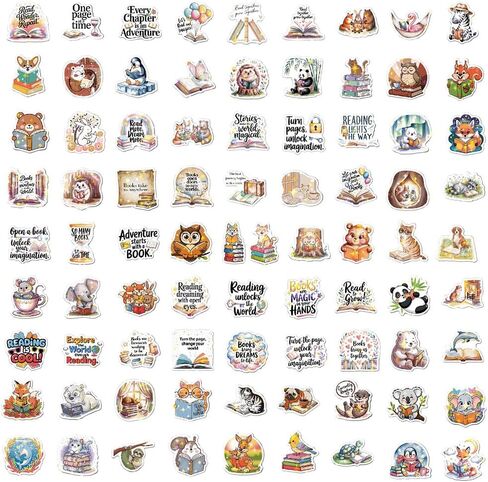 100 PCS Unique Cozy Iridescent Bookish Reading Vinyl Stickers Pack | Lovely Waterproof Pre-Cut Animals Decals with Star Foil Effect for Journals, Laptops, Water Bottles, E-Readers & Scrapbooking in Saudi Arabia