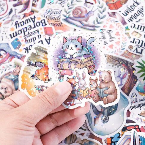 100 PCS Unique Cozy Iridescent Bookish Reading Vinyl Stickers Pack | Lovely Waterproof Pre-Cut Animals Decals with Star Foil Effect for Journals, Laptops, Water Bottles, E-Readers & Scrapbooking in Saudi Arabia