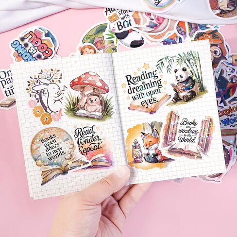 100 PCS Unique Cozy Iridescent Bookish Reading Vinyl Stickers Pack | Lovely Waterproof Pre-Cut Animals Decals with Star Foil Effect for Journals, Laptops, Water Bottles, E-Readers & Scrapbooking in Saudi Arabia