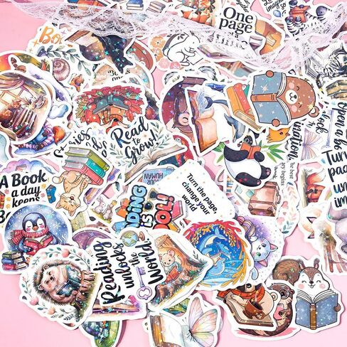 100 PCS Unique Cozy Iridescent Bookish Reading Vinyl Stickers Pack | Lovely Waterproof Pre-Cut Animals Decals with Star Foil Effect for Journals, Laptops, Water Bottles, E-Readers & Scrapbooking in Saudi Arabia