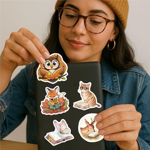 100 PCS Unique Cozy Iridescent Bookish Reading Vinyl Stickers Pack | Lovely Waterproof Pre-Cut Animals Decals with Star Foil Effect for Journals, Laptops, Water Bottles, E-Readers & Scrapbooking in Saudi Arabia