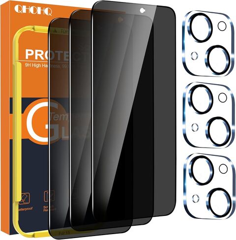 QHOHQ 3 Pack Privacy Screen Protector for iPhone 15 Pro Max [6.7 Inch] with 3 Pack Camera Lens Protector, Anti Spy Tempered Glass Film, 9H Hardness, HD, Bubble Free, Case Friendly - Black in Saudi Arabia