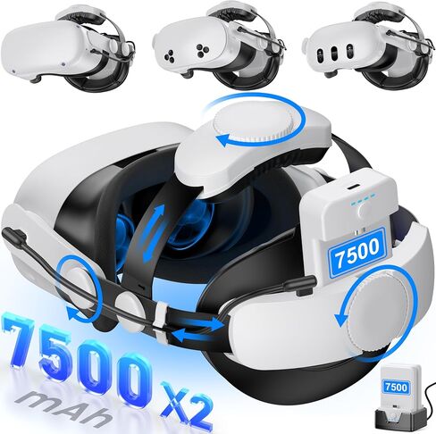 Kawaye Hot-Swappble Batery Head Strap for Meta Quest 3S/3/2,Elite Strap with 15000mAh (7500mAh x 2) Hot-Swappble Batery Pack Extend 6-8H Playtime, VR Headset Strap Enhanced Support&Comfort in Kuwait