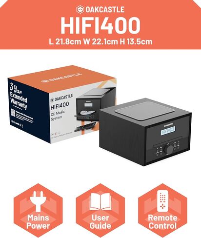 Home Stereo System with CD Player Bluetooth & Radio | 40W FM Radio, Solid Wood Build, and 30 Presets | Multi Format Support, CD Player for Home, Compact Music System | Oakcastle Hifi400 in Kuwait