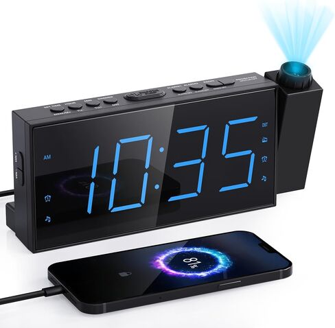 Mesqool Projection Alarm Clock with FM Radio and 7-Inch LED Display | Ceiling projection, dual alarms, adjustable dimmer, USB charging port, sleep timer and plug-in power with battery backup in Kuwait