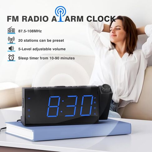 Mesqool Projection Alarm Clock with FM Radio and 7-Inch LED Display | Ceiling projection, dual alarms, adjustable dimmer, USB charging port, sleep timer and plug-in power with battery backup in Kuwait