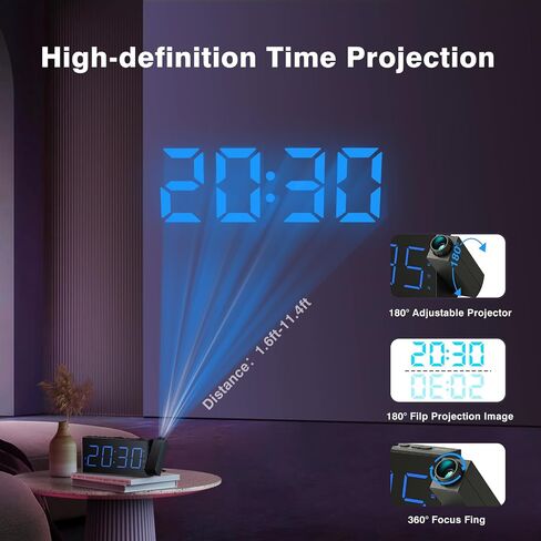 Mesqool Projection Alarm Clock with FM Radio and 7-Inch LED Display | Ceiling projection, dual alarms, adjustable dimmer, USB charging port, sleep timer and plug-in power with battery backup in Kuwait