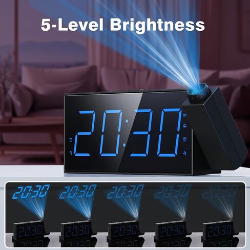 Mesqool Projection Alarm Clock with FM Radio and 7-Inch LED Display | Ceiling projection, dual alarms, adjustable dimmer, USB charging port, sleep timer and plug-in power with battery backup in Kuwait