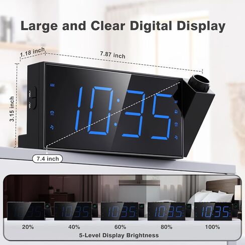 Mesqool Projection Alarm Clock with FM Radio and 7-Inch LED Display | Ceiling projection, dual alarms, adjustable dimmer, USB charging port, sleep timer and plug-in power with battery backup in Kuwait