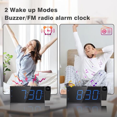 Mesqool Projection Alarm Clock with FM Radio and 7-Inch LED Display | Ceiling projection, dual alarms, adjustable dimmer, USB charging port, sleep timer and plug-in power with battery backup in Kuwait