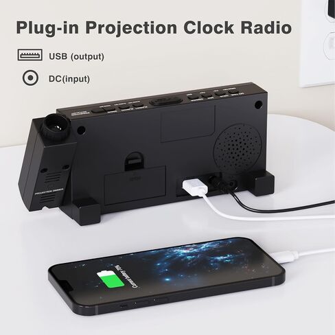 Mesqool Projection Alarm Clock with FM Radio and 7-Inch LED Display | Ceiling projection, dual alarms, adjustable dimmer, USB charging port, sleep timer and plug-in power with battery backup in Kuwait