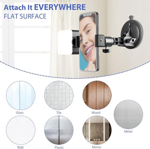 LenTok Suction Cup Mirror Phone Holder with Light, Travel Wall Phone Camera Mount for Makeup Content Creator Essentials, Mirror Tripod for Bathroom Kitchen Compatile with All Smooth Surface in Saudi Arabia