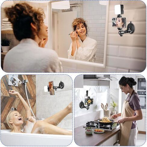 LenTok Suction Cup Mirror Phone Holder with Light, Travel Wall Phone Camera Mount for Makeup Content Creator Essentials, Mirror Tripod for Bathroom Kitchen Compatile with All Smooth Surface in Saudi Arabia
