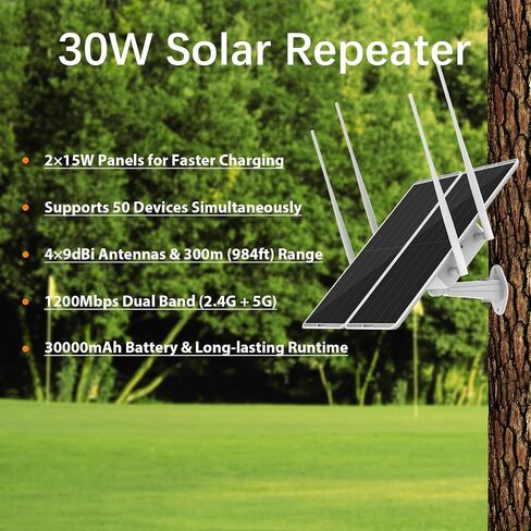 30W Solar WiFi Extender, 5.8G/2.4G Dual Band Solar WiFi Extender Signal Booster for Yard Farm Ranch, Solar Powered WiFi Repeater 111Wh Battery, IP66 Waterproof, 1200Mbps Coverage in Saudi Arabia