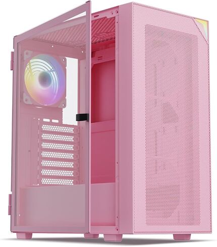 حقيبة كمبيوتر ألعاب Vetroo Pink AL800 Mid Tower ATX | لوحة جانبية من الزجاج المقسى بتصميم فتحة الباب، وشريط ARGB LED، ومروحة ARGB وPWM FDB مثبتة مسبقًا، ودعم 50 سلسلة من وحدات معالجة الرسومات in Kuwait