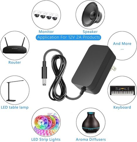 DC12V 2A Power Supply Adapter, SANSUN AC100-240V to DC12V Transformers, Switching Power Supply for 12V LED Strip Lights, 12 Volt 2 Amp Power Adaptor, 2.1mm X 5.5mm US Plug in Saudi Arabia