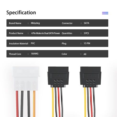 3 Pack 4 Pin Molex to Dual SATA Power Y-Cable Adapter, 4 Pin Male IDE Molex to 15 Pin Female Dual SATA Power Splitter Adapter, 7 Inch in Kuwait